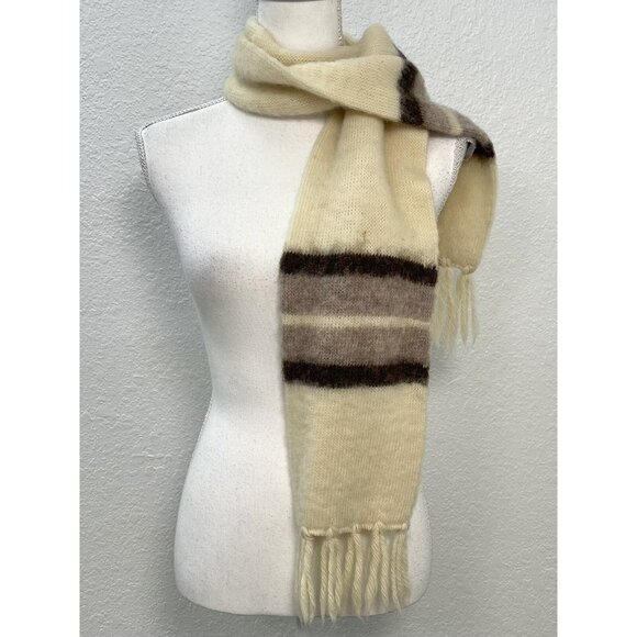 VTG ICELANDIC Cream SCARF w/ Brown Stripes Fringe 56" Wool Great Britain READ - Picture 1 of 16